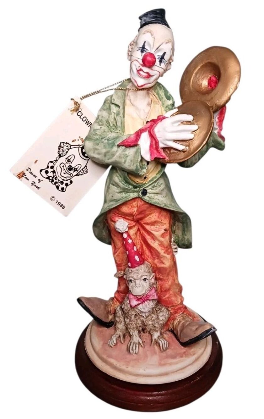 Vtg Davar Original 10.5" Clown Figurine w/ Cymbals & Monkey Wood Base Tag Taiwan